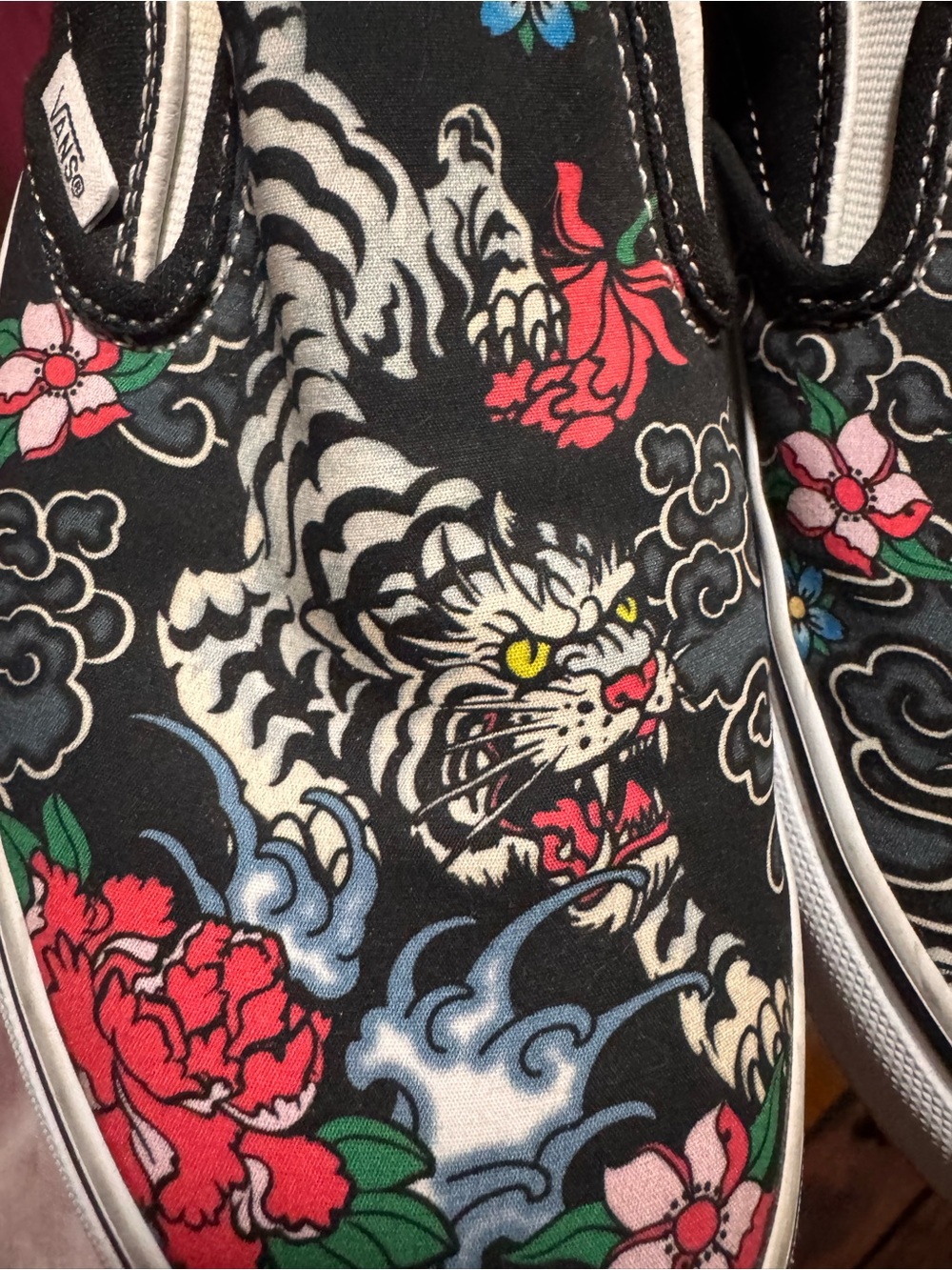 Vans Women’s Black Slip-On Sneakers with Tiger & Floral Print